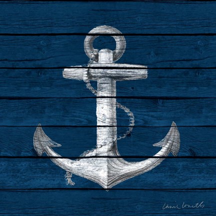 Framed Anchor on Blue Wood Print