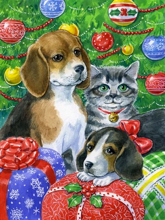 Framed Puppies and Kitten Under the Tree Print