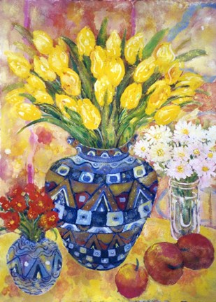 Framed Yellow Tulips In A Blue &amp; Gold Pot Print