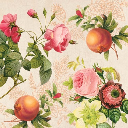 Framed Pomegranates and Roses on Cream II Print