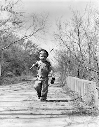 Framed 1940s Boy Walking Down Country Road Print