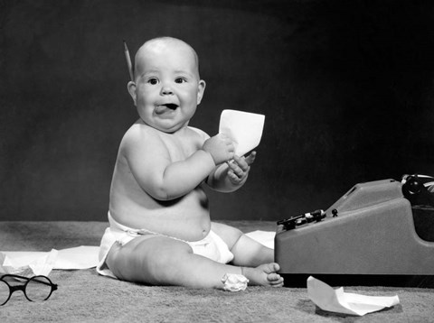 Framed 1960s Eager Baby Accountant Working At Adding Machine Print