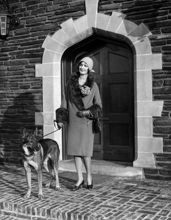 Framed 1920s Woman Wearing Fur Coat With German Shepherd Dog Print