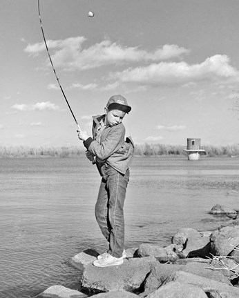 Framed 1980s Boy Fishing On Riverbank Print