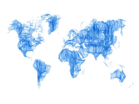 Framed World Map Blue Drawing Print