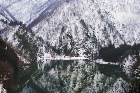 Framed Reflection of Mountain Covered with Snow in the Lake, Japan Print