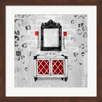 Framed Red Antique Mirrored Bath Square I Print