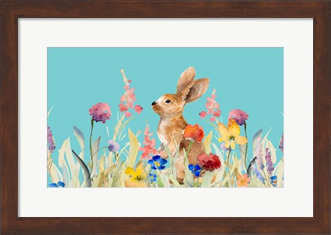 Framed Amongst the Flowers on Teal I Print