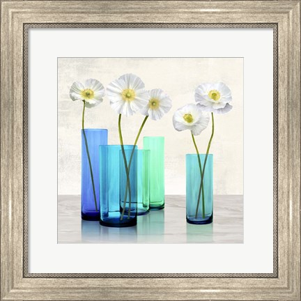 Framed Poppies in crystal vases (Aqua I) Print
