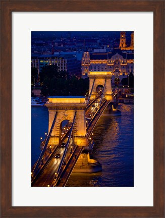 Framed Hungary, Budapest Chain Bridge Lit At Night Print