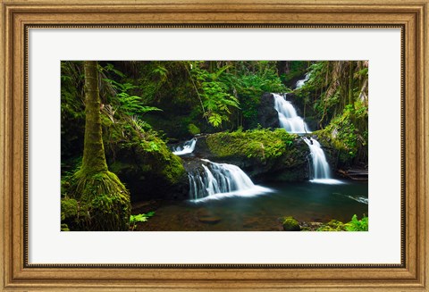 Framed Onomea Waterfalls At The Hawaii Tropical Botanical Garden Print