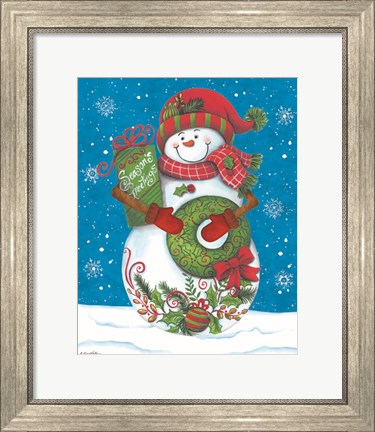 Framed Snowman with Wreaths Print