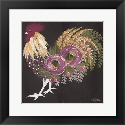 Framed Floral Rooster on Black Print