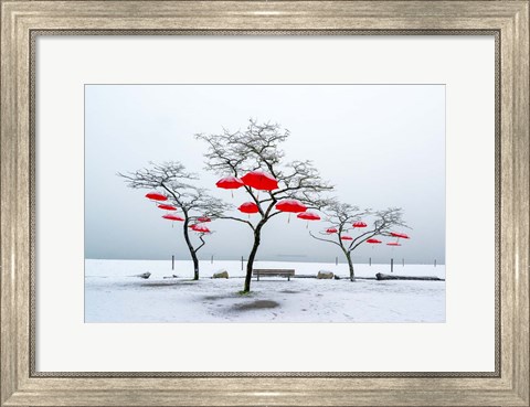 Framed Red Umbrellas Print