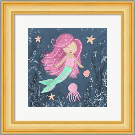 Framed Mermaid and Octopus Navy I Print