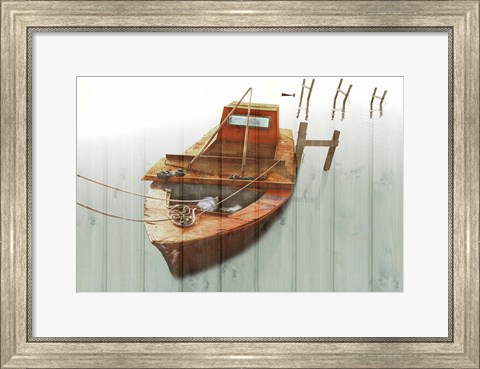 Framed Boat with Textured Wood Look III Print