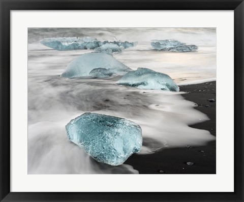 Framed Icebergs On Black Volcanic Beach Near The Jokulsarlon Glacial Lagoon In The Vatnajokull National Park, Iceland Print