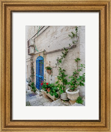 Framed Italy, Puglia, Brindisi, Itria Valley, Ostuni Blue Door And Potted Plants Print