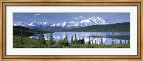 Framed Snow Covered Mountain Range At The Lakeside, Mt Mckinley, Wonder Lake, Alaska Print