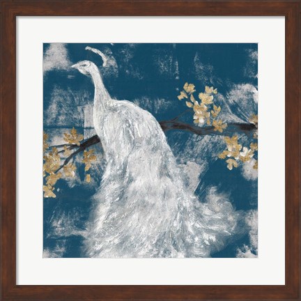 Framed White Peacock on Indigo II Print