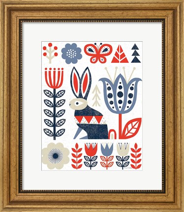 Framed Folk Lodge Rabbit Red Navy Print
