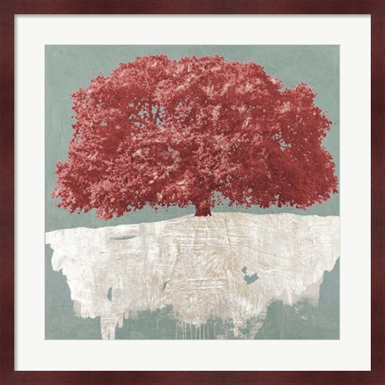 Framed Red Tree on Aqua Print