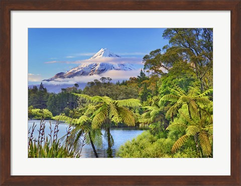 Framed Taranaki Mountain and Lake Mangamahoe, New Zealand Print