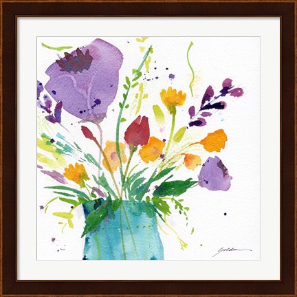 Framed Teal Vase With Bright Flowers Print
