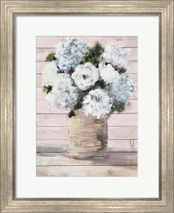Framed White and Blue Rustic Blooms Print