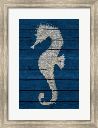 Framed Antique Seahorse on Blue II Print