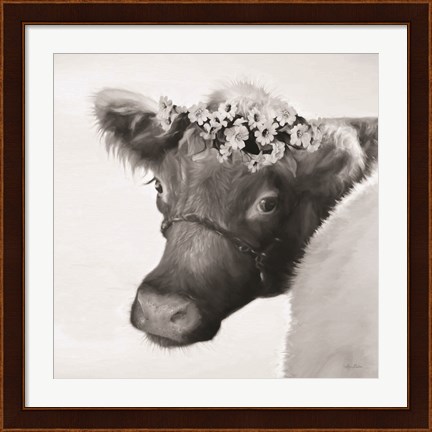 Framed Brown Cow with Flowers Print