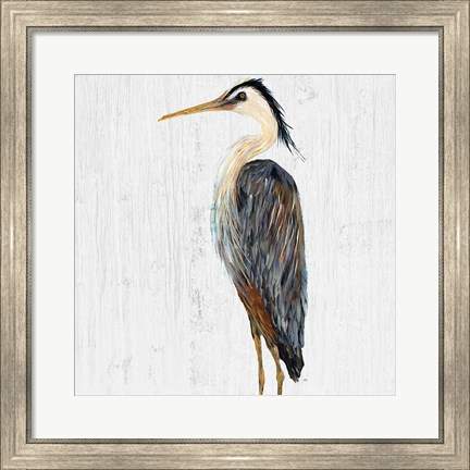 Framed Heron On Whitewash I Print