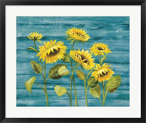Framed Cottage Sunflowers Teal Print
