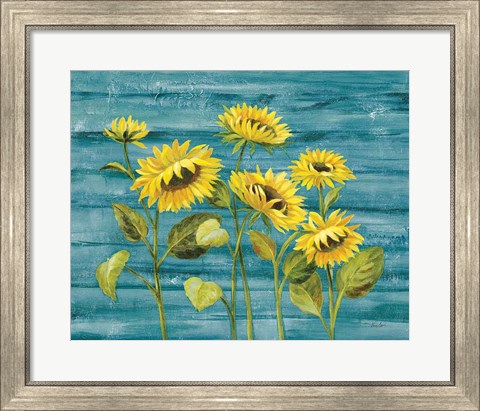Framed Cottage Sunflowers Teal Print