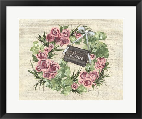 Framed Hydrangea Wreath Green &amp; Pink Print