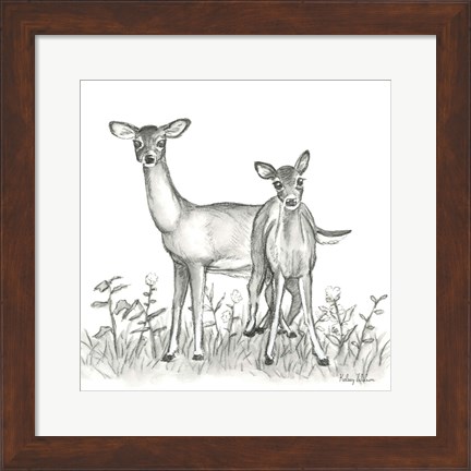 Framed Watercolor Pencil Forest X-Deer Family Print