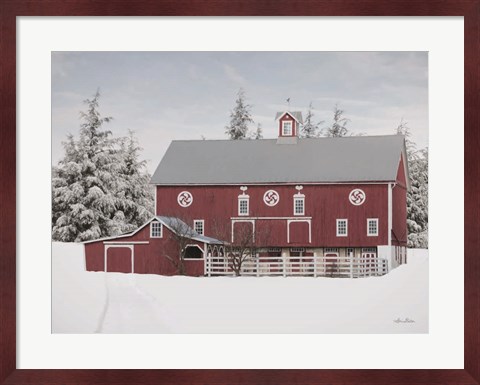 Framed Red Barn in the Pines Print