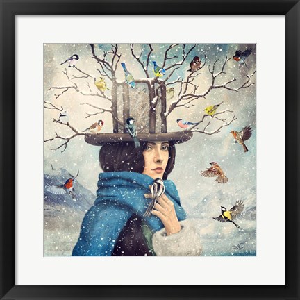 Framed Lady With The Bird Feeder Hat Print
