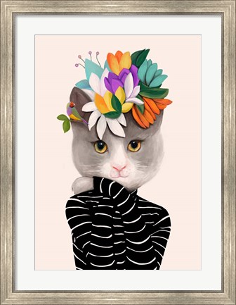 Framed Cat With Flowers and Finch Print