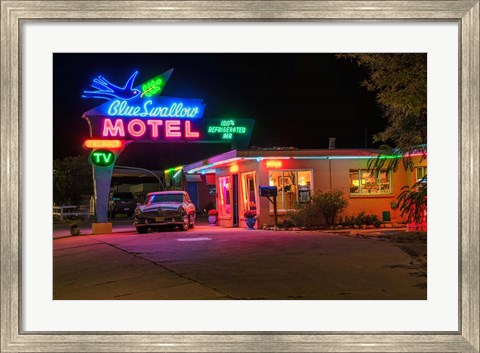 Framed Neon Blue Swallow Motel Print