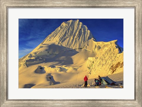 Framed Mountaineers Camping on Alpamayo Mountain at Sunrise, Peru Print