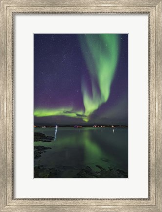 Framed Curtain of Aurora Sweeps Over the Houseboats Moored On Yellowknife Bay Print