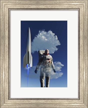 Framed Human Astronaut in Front of a Rocketship Taking Off Print