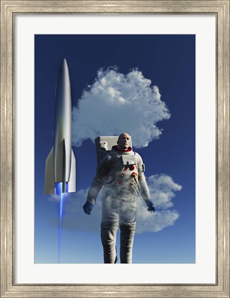 Framed Human Astronaut in Front of a Rocketship Taking Off Print