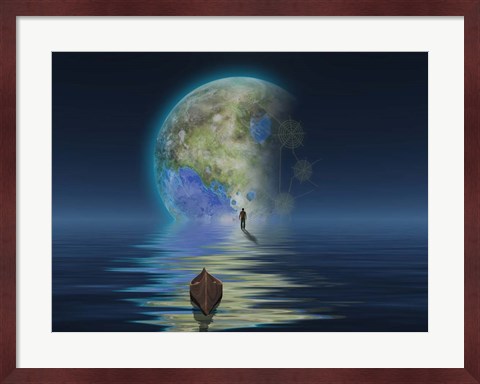 Framed Man With Boat On Water Surface Before the Terraformed Moon Print