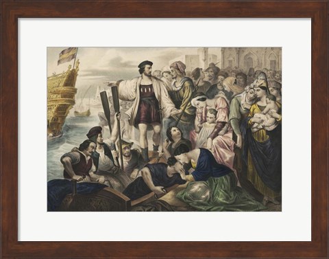 Framed Christopher Columbus leaving the port of Palos, Spain, for the New World Print