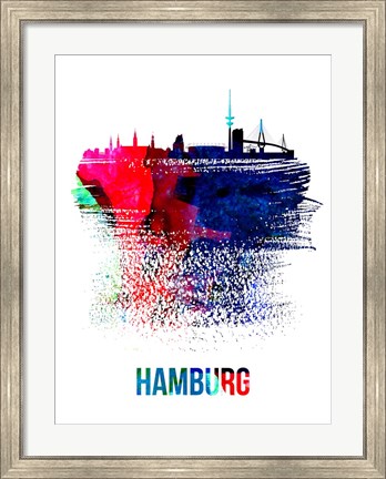 Framed Hamburg Skyline Brush Stroke Watercolor Print