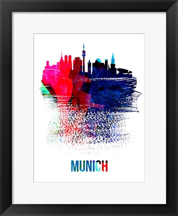 Framed Munich Skyline Brush Stroke Watercolor Print