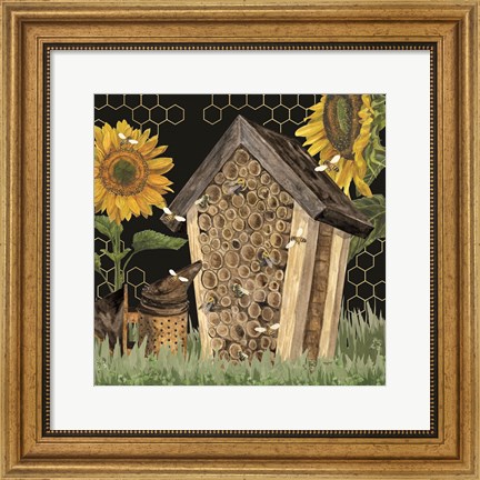 Framed Honey Bees &amp; Flowers Please on black X Print