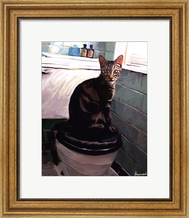 Framed Gray Tiger Cat on the Toilet Print